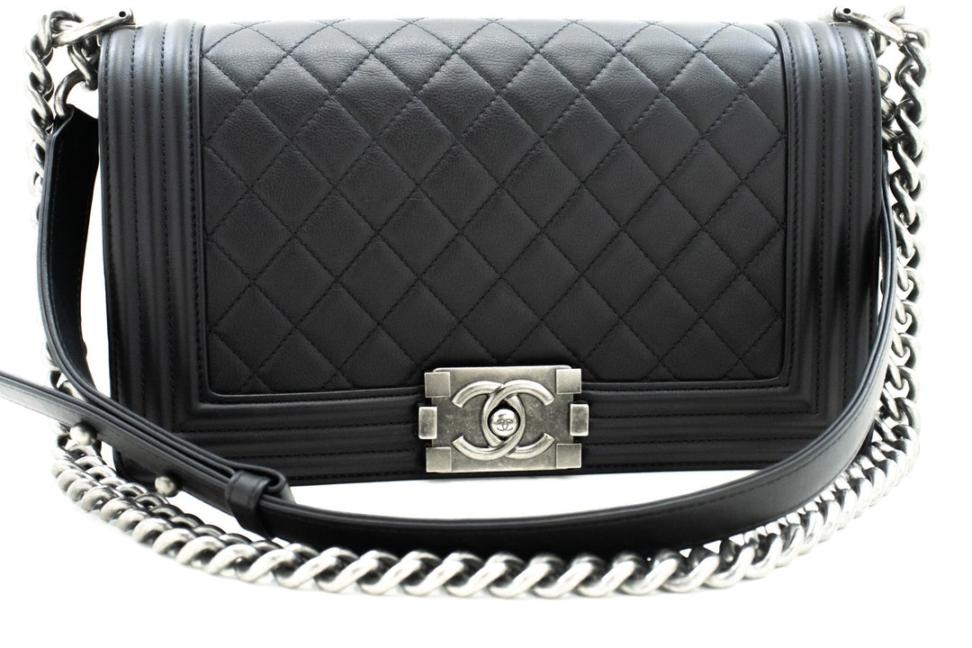 Chanel Boy Chain Shoulder Bag Black Quilted New Calfskin Leather