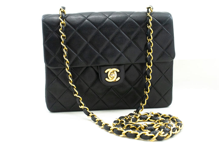 Chanel Mini Square Small Chain Shoulder Bag Crossbody Black Lamb