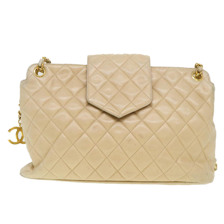Top Quality Chanel Chain Shoulder Bag Lamb Skin Beige CC Auth 38451