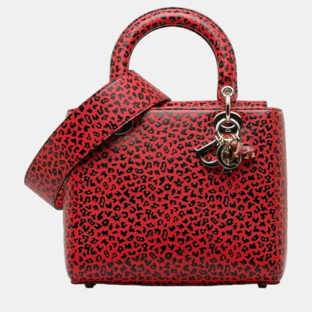 Top quality Dior Red/Black Leather Leopard Print Medium Lady Top Handle Bag