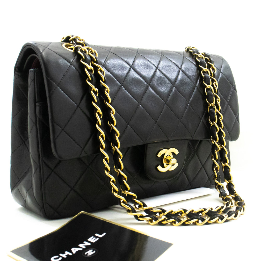 Chanel Classic Double New 10" Chain Shoulder Bag Black Lambskin