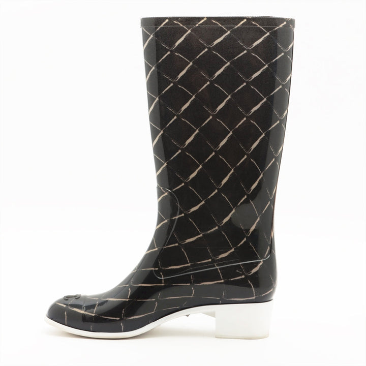 Top Quality Chanel Coco Laver Rain Boots 35  Black x Beige Upper Inside Head Yogurt at