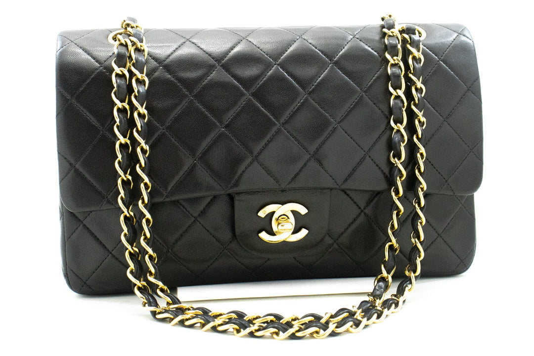 Chanel Classic Double New 10" Chain Shoulder Bag Black Lambskin