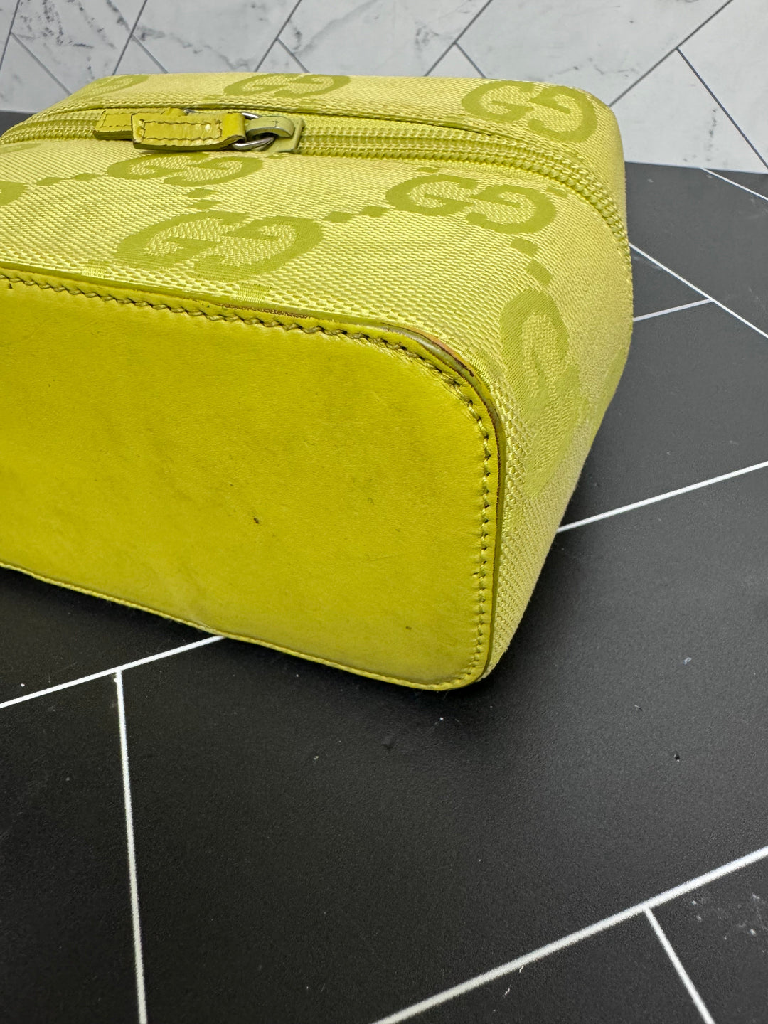 Gucci Green Canvas Top Handle Vanity Bag