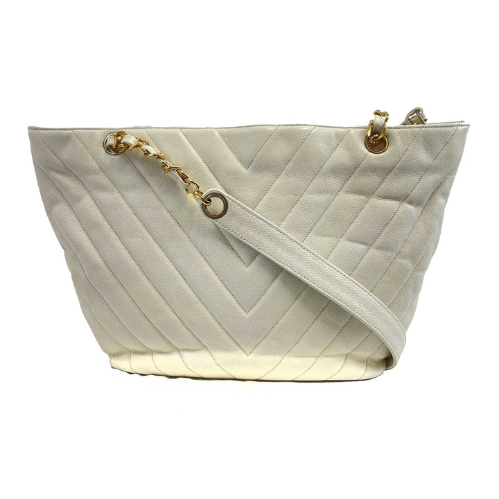 Chanel - Vintage 1994 White Leather Small Chevron Tote / Shoulder Bag