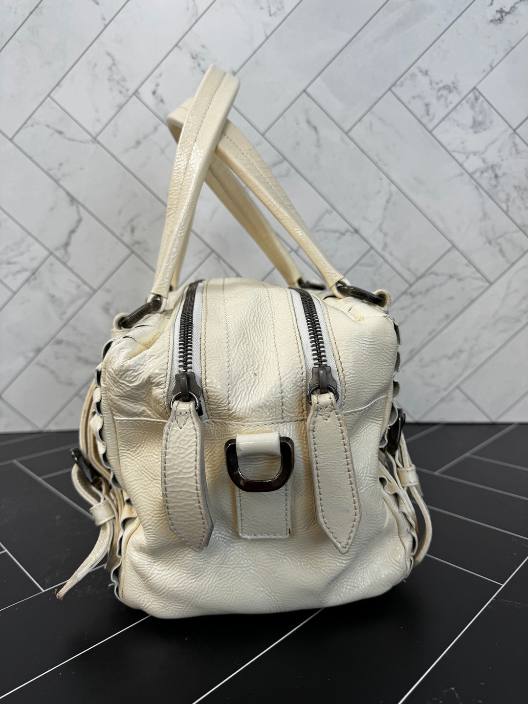 Burberry Prorsum Off White Patent Leather Satchel Large Handbag