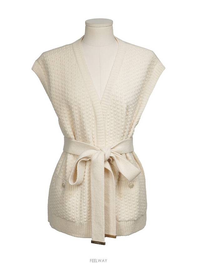 Cashmere sleeveless belted cardigan ivory 36 74344 Chanel