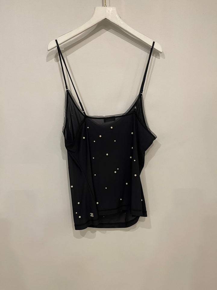 Top Quality Chanel Black Tank Top with Pearl Embellishments and CC Logo Detail Size FR 38 (UK 10)