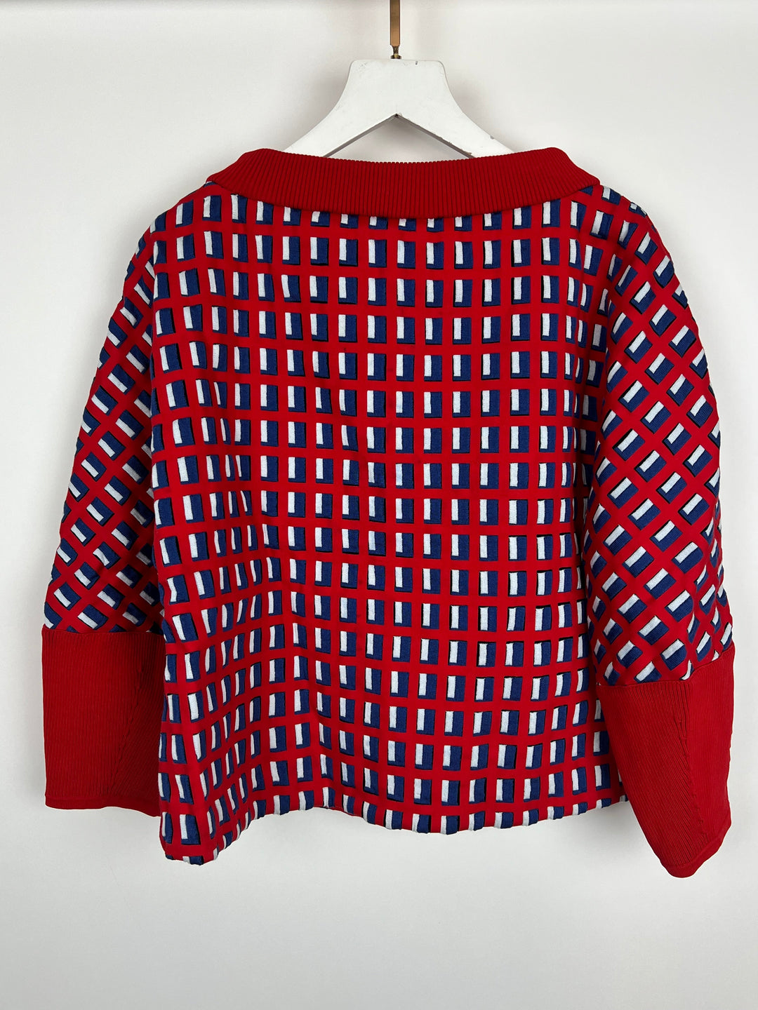 Top Quality Chanel SS13 Red Knit Jumper with Pearl Pockets & Blue and White Window Detail Size FR 36 (UK 8)