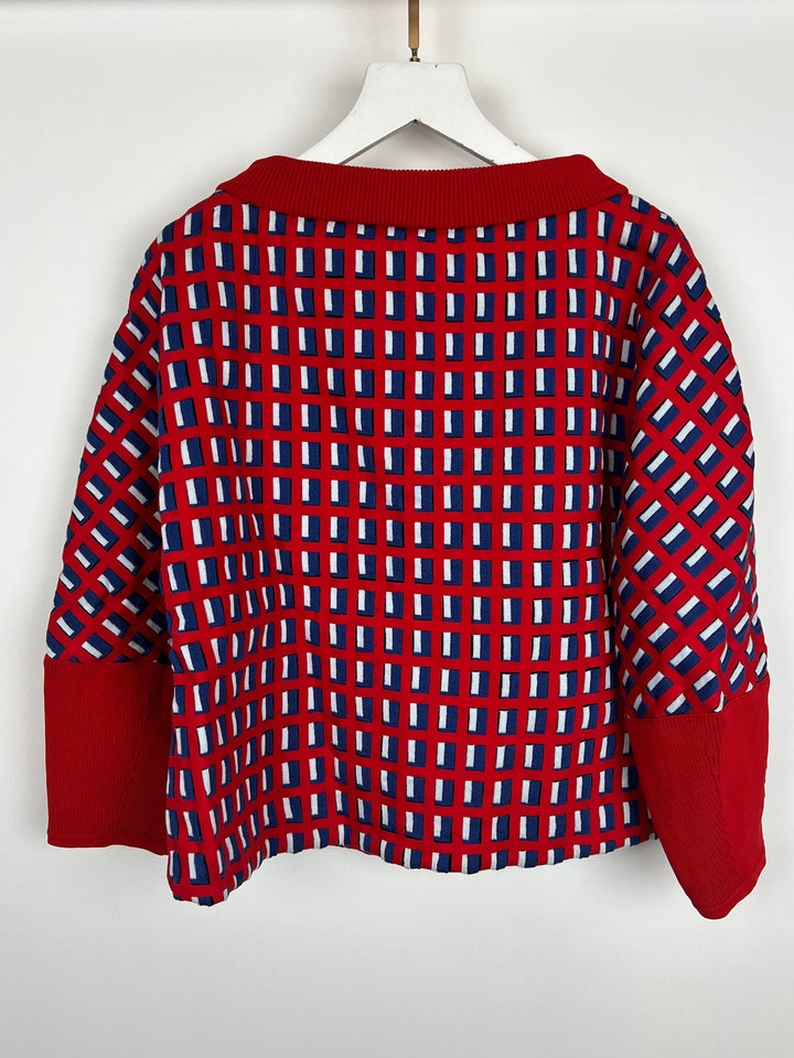 Top Quality Chanel SS13 Red Knit Jumper with Pearl Pockets & Blue and White Window Detail Size FR 36 (UK 8)