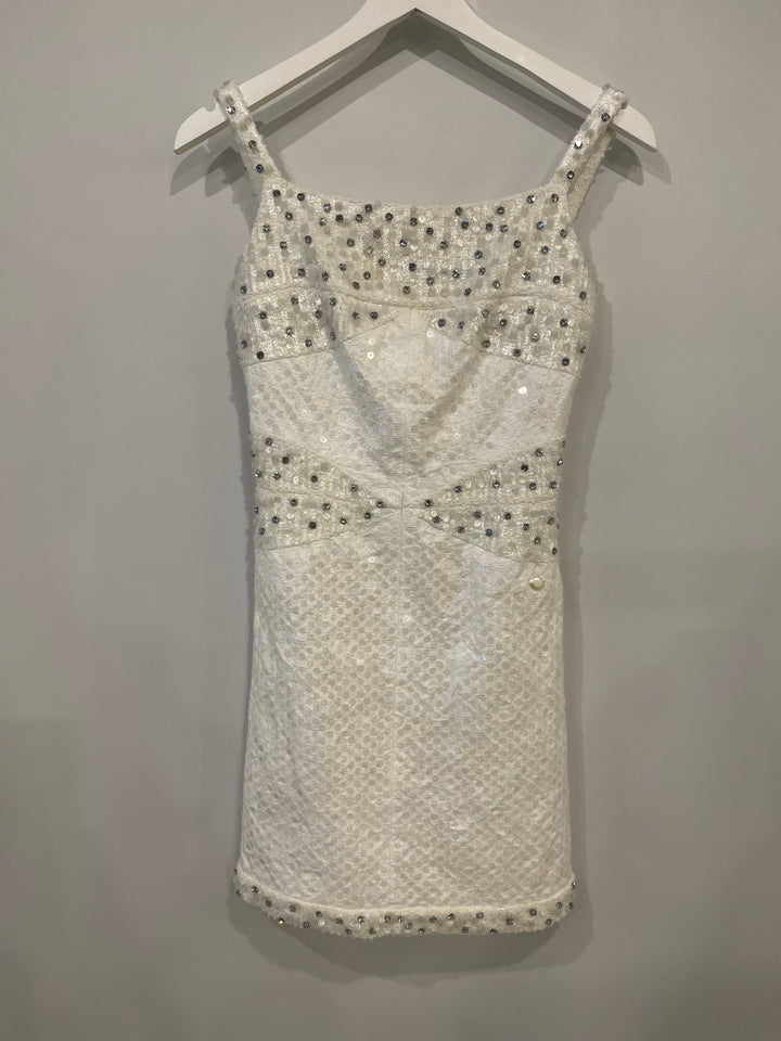 Top Quality Chanel Pearl White Sleeveless Sequin and Crystal Embellished Mini Dress with Pearl CC Logo Detail Size FR 36 (UK 8)