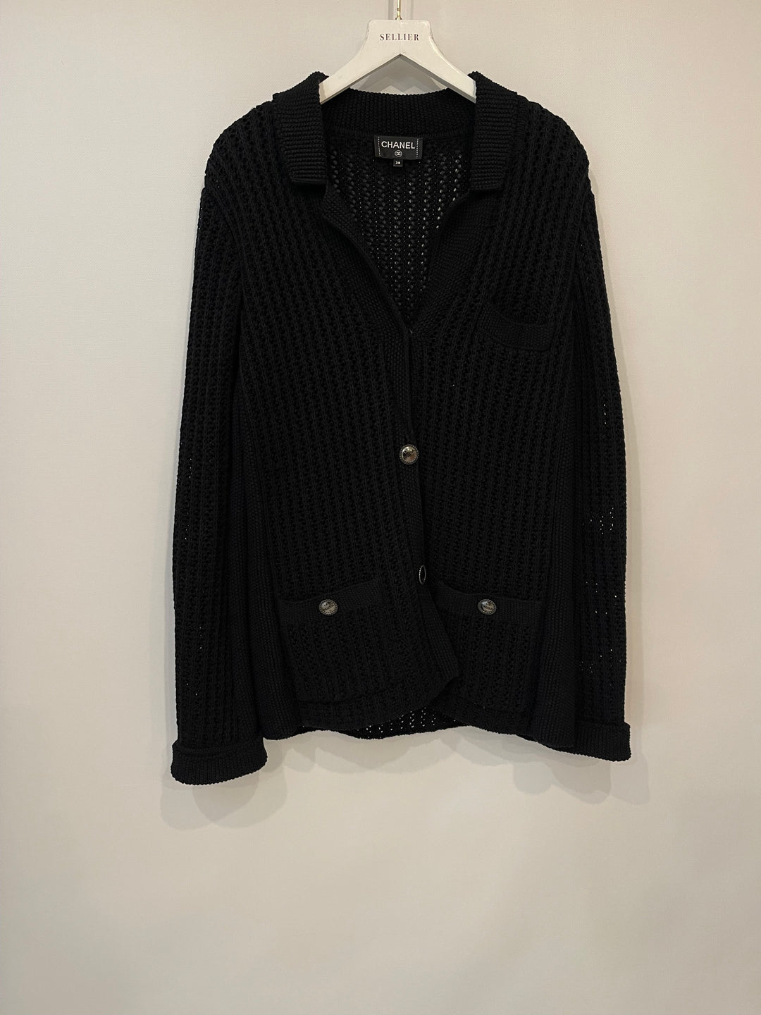 Top Quality Chanel Black La Pausa Knit igan with Logo Buttons Details Size FR 38 (UK 10)