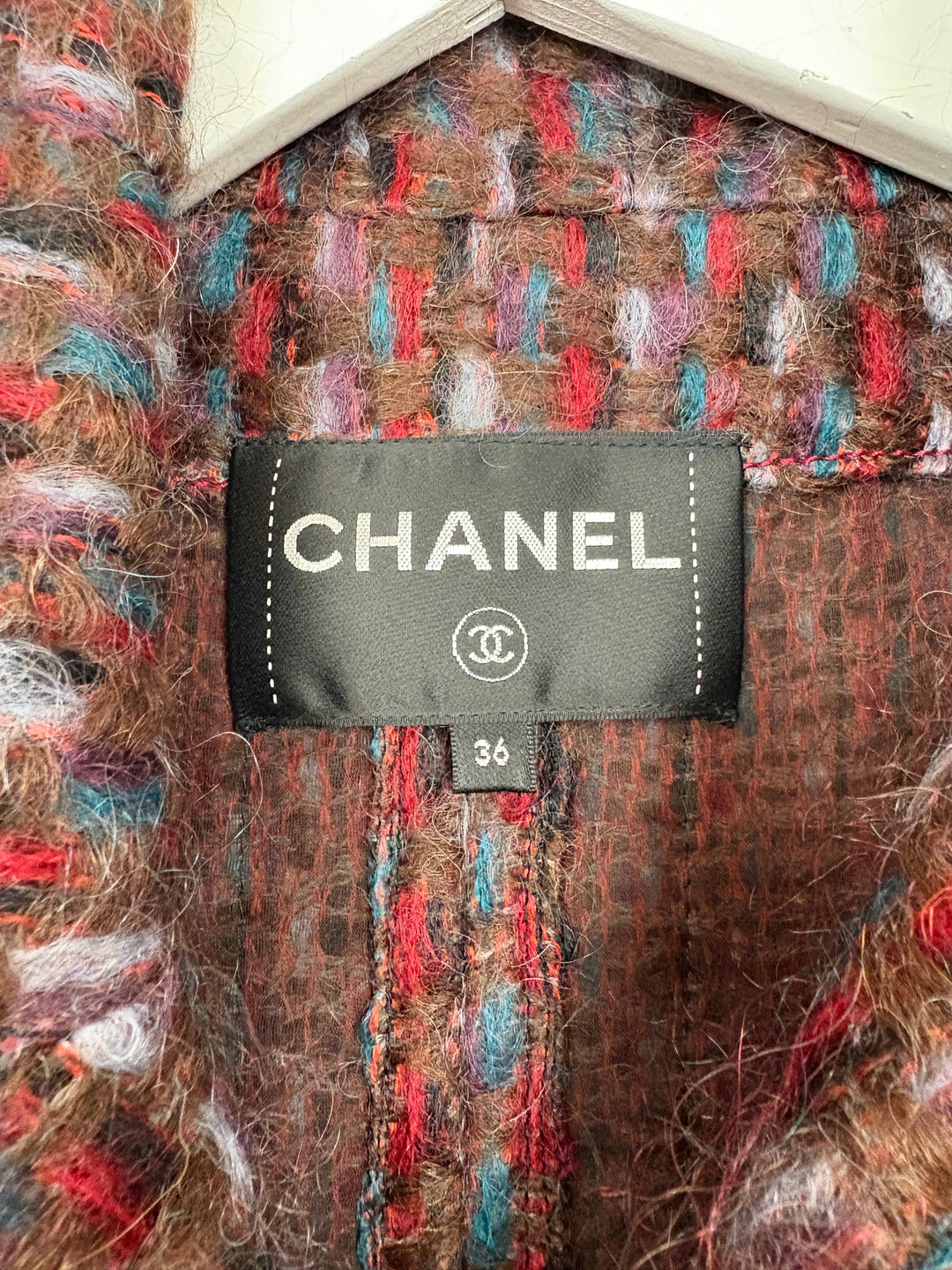 Top Quality Chanel 16P Mohair Red & Blue Tweed Gilet Jacket With Bronze Button Detail Size FR 36 (UK 8)