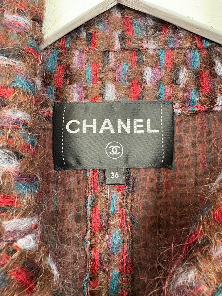 Top Quality Chanel 16P Mohair Red & Blue Tweed Gilet Jacket With Bronze Button Detail Size FR 36 (UK 8)