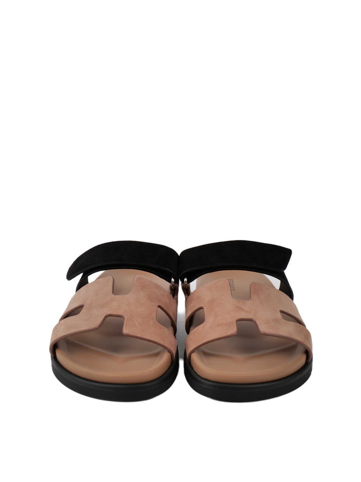 Hermes Chypre Sandals in Suede Rose Perle Noir 37.5.