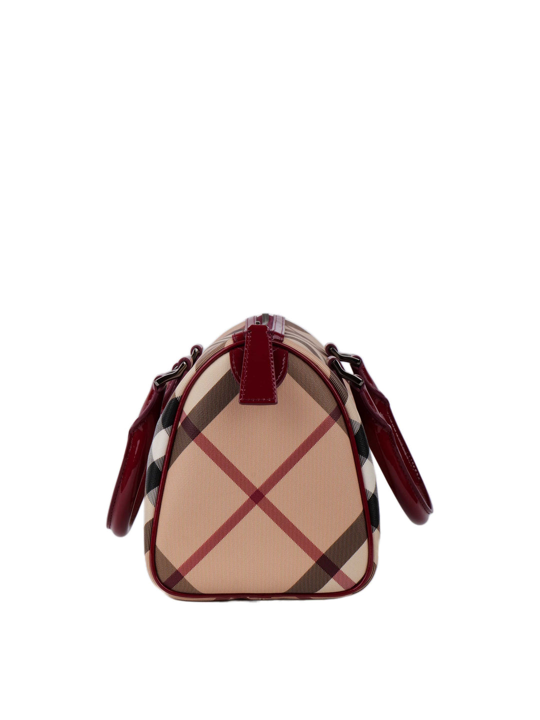Burberry Haymarket Boston Bag with Dark Red Patent Trim.