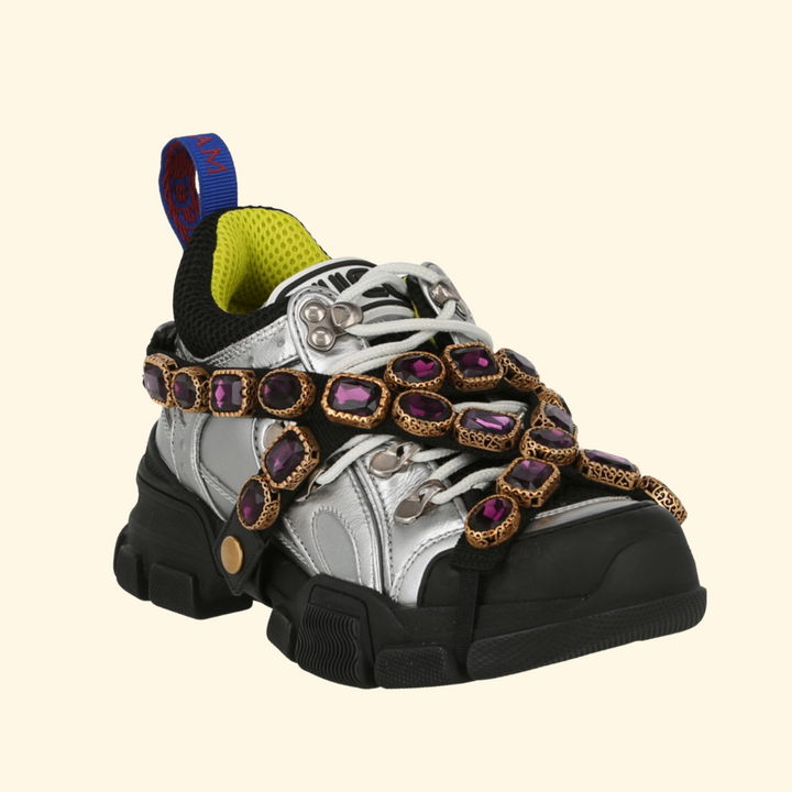 Gucci Flashtrek Chunky Leather Sneakers, Silver, Brand New