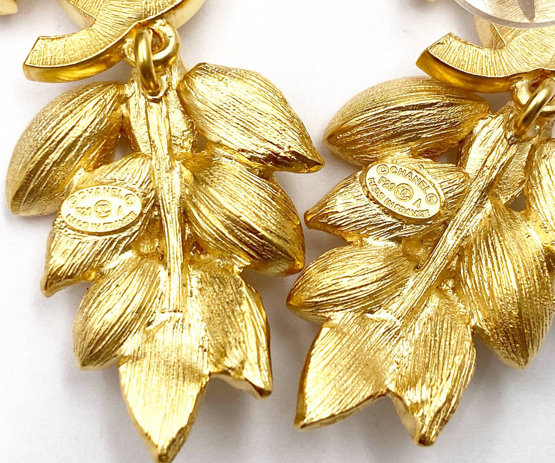 Chanel Brand New Gold CC Crystal Olive Leaf Dangle Piercing Earrings