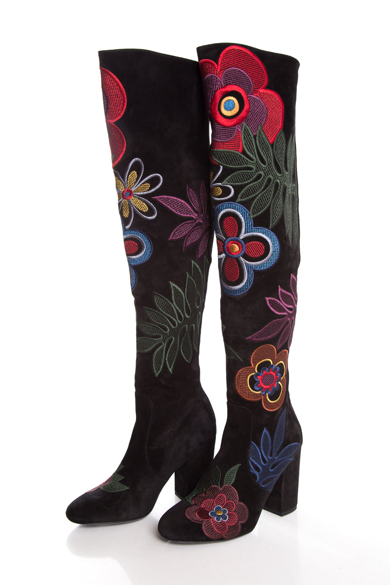 Valentino Black & Multi Floral Boots SZ 37.5