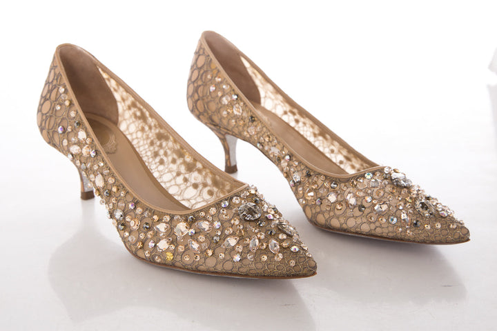 Rene Caovilla Gold Jeweled Lace Heels SZ 38