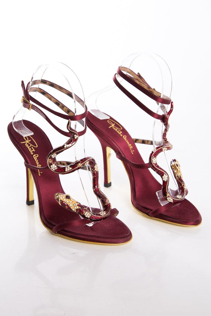 Roberto Cavalli Burgundy & Snake Detail Heels SZ 36