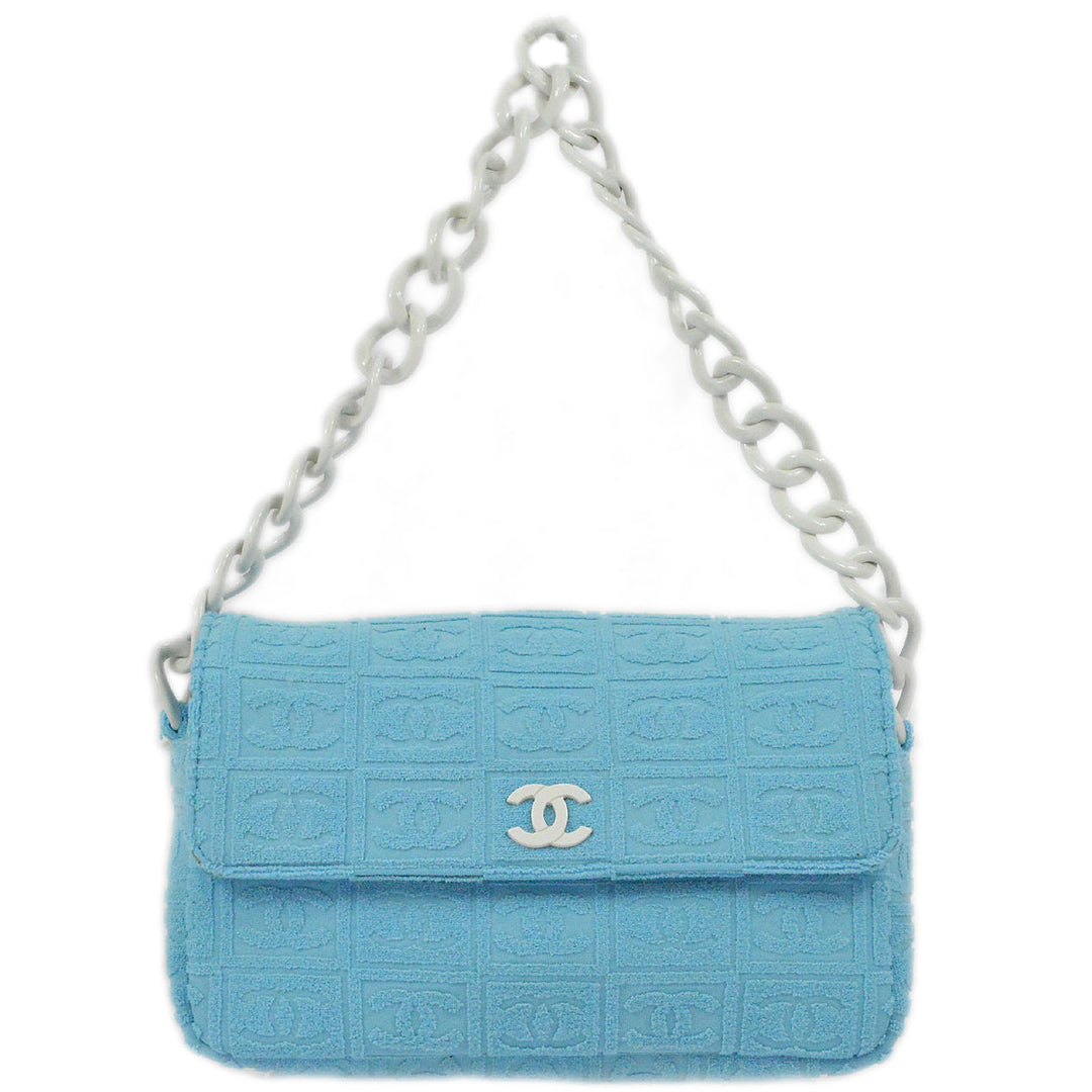 Top Quality Chanel Light Blue Cotton Straight Flap Acrylic Chain Handbag