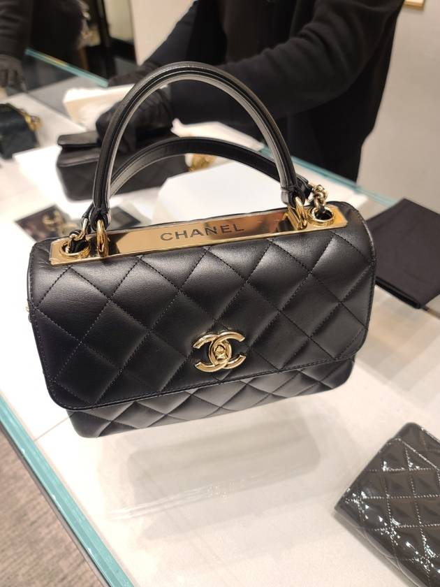 Gold Plated CC Top Handle Flap Small Tote Bag Black Chanel