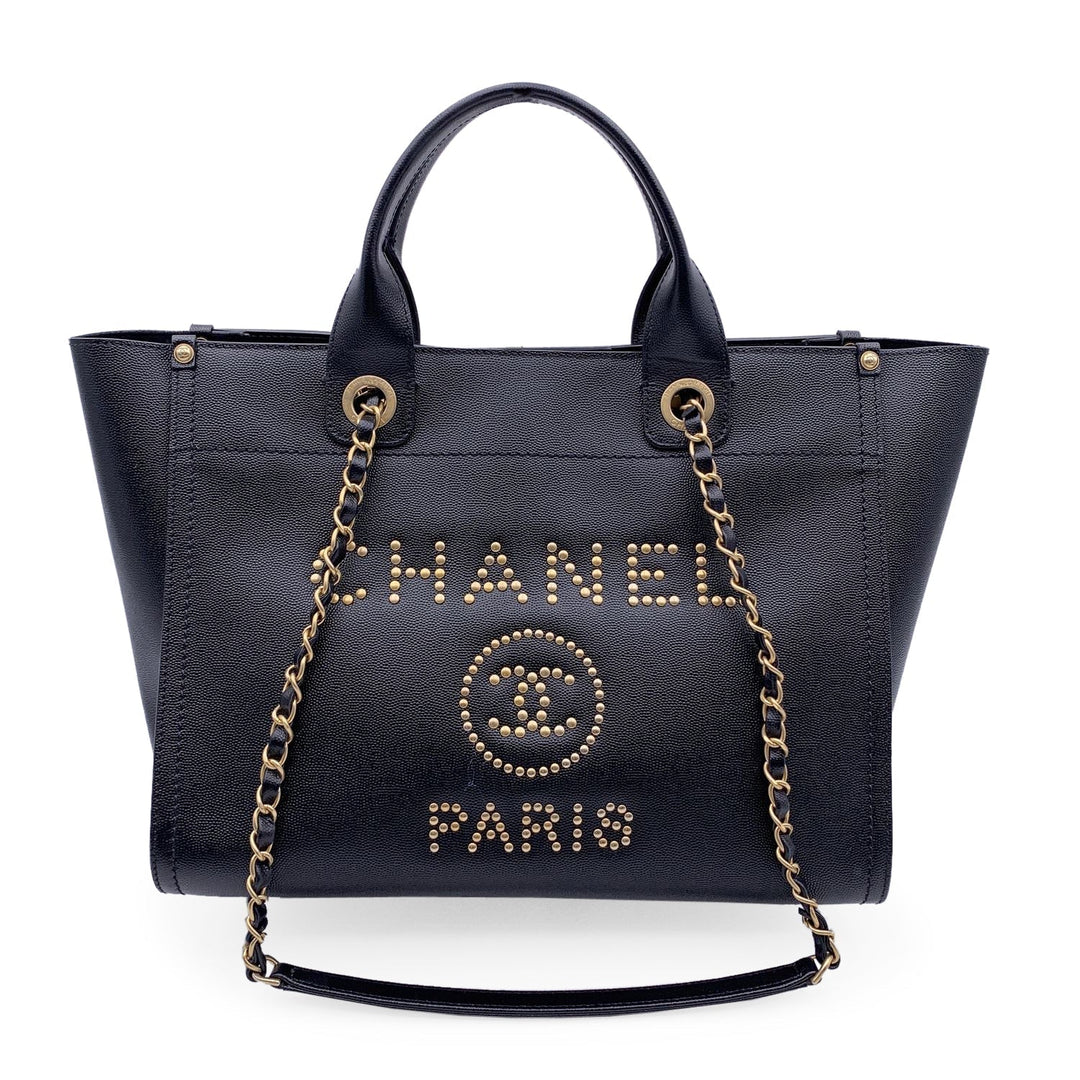 Chanel Black Caviar Leather Studded Deauville Tote Shoulder Bag