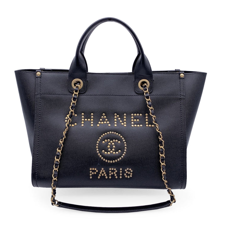 Chanel Black Caviar Leather Studded Deauville Tote Shoulder Bag