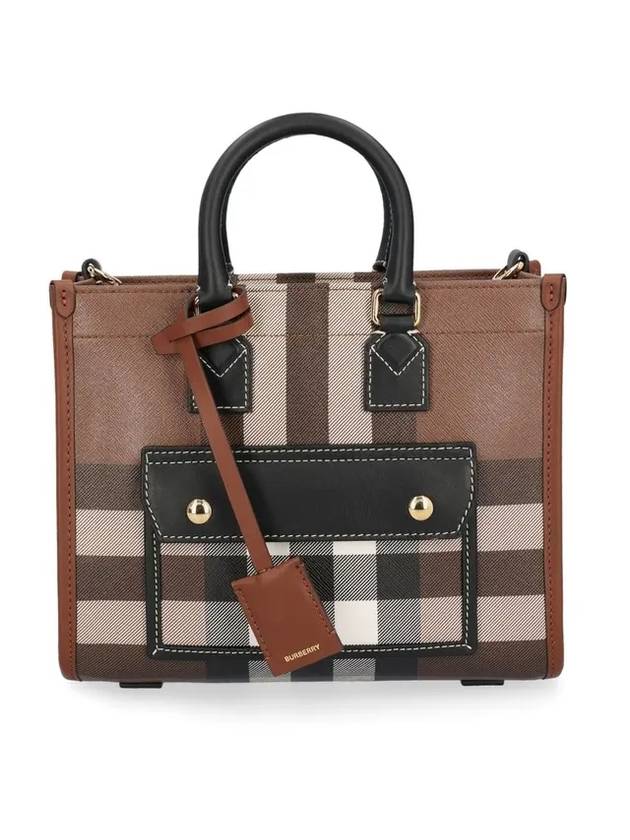 Burberry Checked Freya Leather Mini Tote Bag Brown
