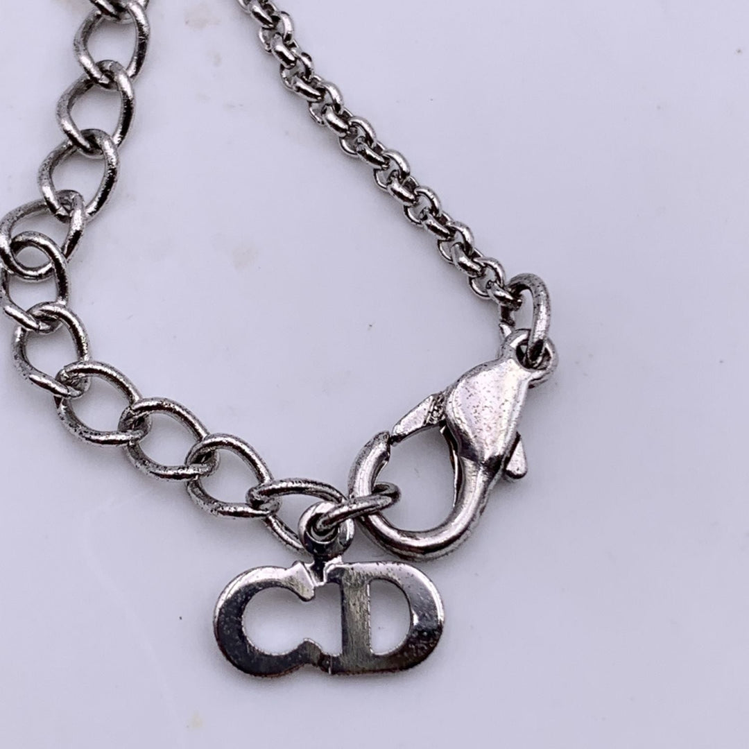CHRISTIAN Top quality Dior Silver Metal Crystals Oblique Logo Necklace