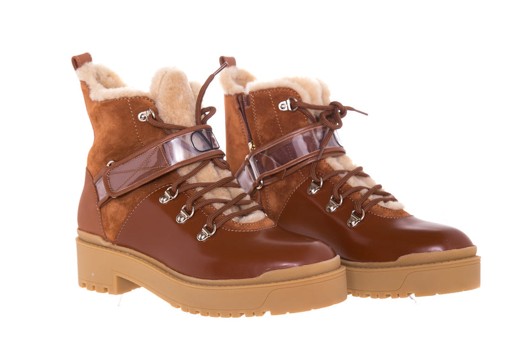 Valentino Chestnut Shearling Detail Logo Strap Boots SZ 38
