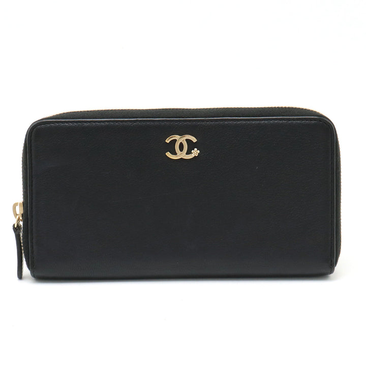 Top Quality Chanel Lucky Flower Coco Mark Roundfather Long Wallet Leather Black Black Gold  A81657