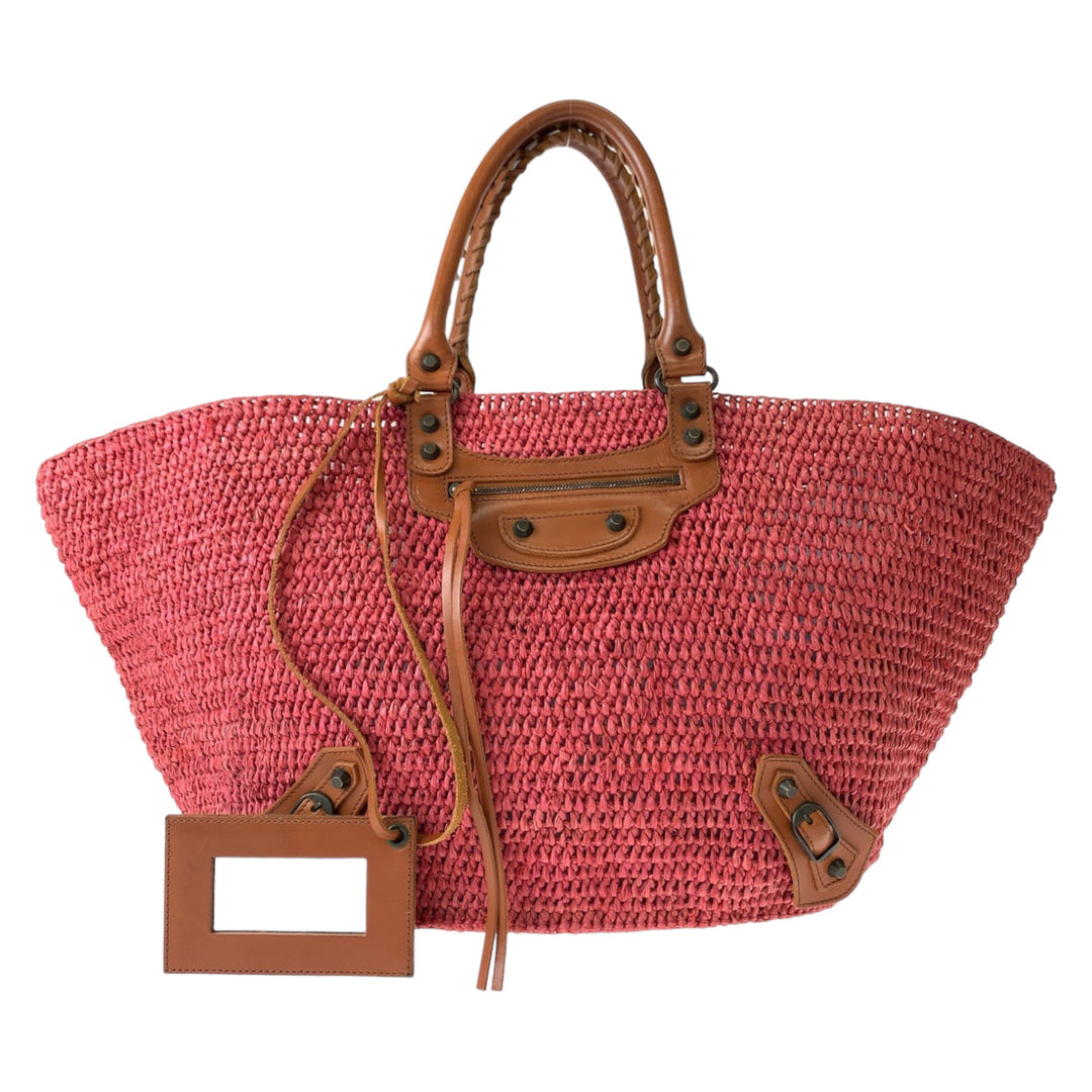 Top Quality Balenciaga Pink Brown Straw Leather Tote Bag