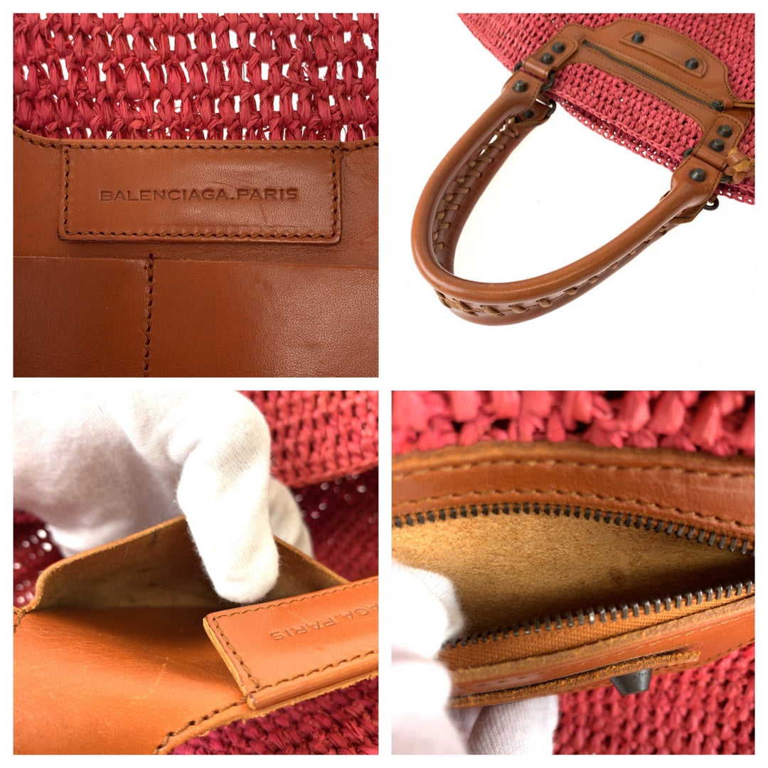 Top Quality Balenciaga Pink Brown Straw Leather Tote Bag