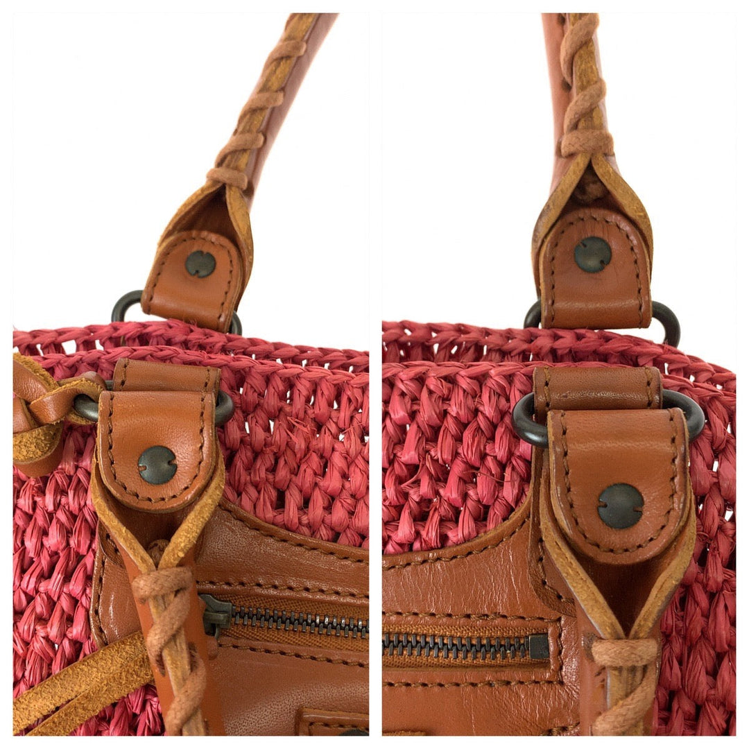 Top Quality Balenciaga Pink Brown Straw Leather Tote Bag