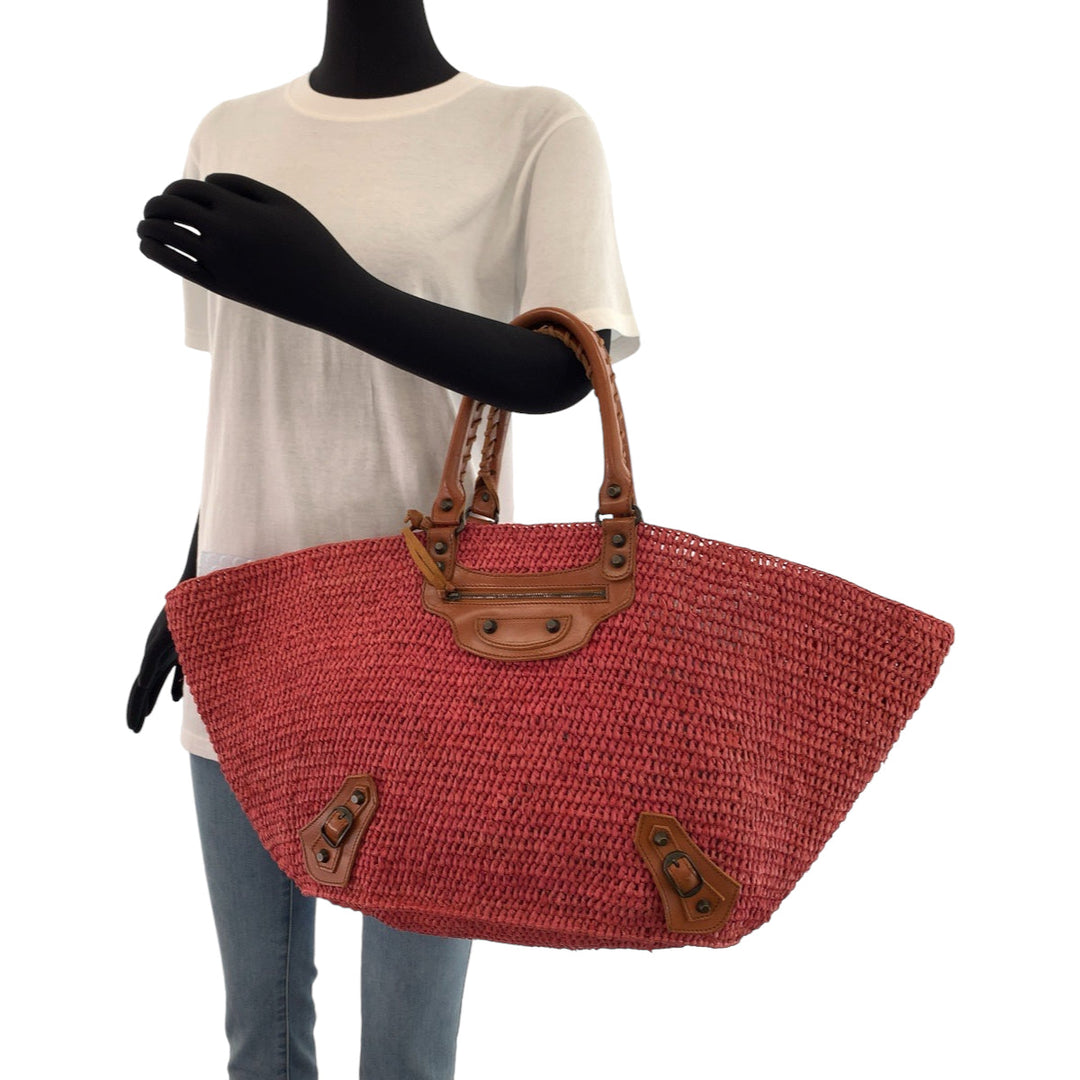 Top Quality Balenciaga Pink Brown Straw Leather Tote Bag