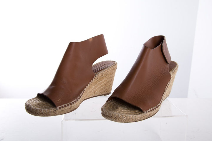 Céline Brown Leather Espadrilles Wedges SZ 38
