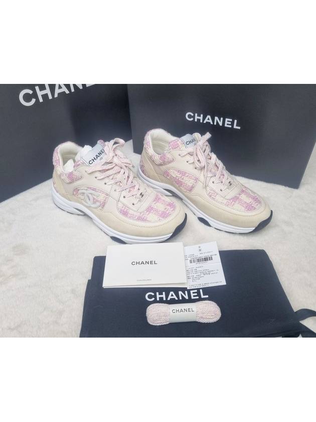CC Logo Cotton Tweed Suede Calfskin Low Top Sneakers Pink Ecru Chanel