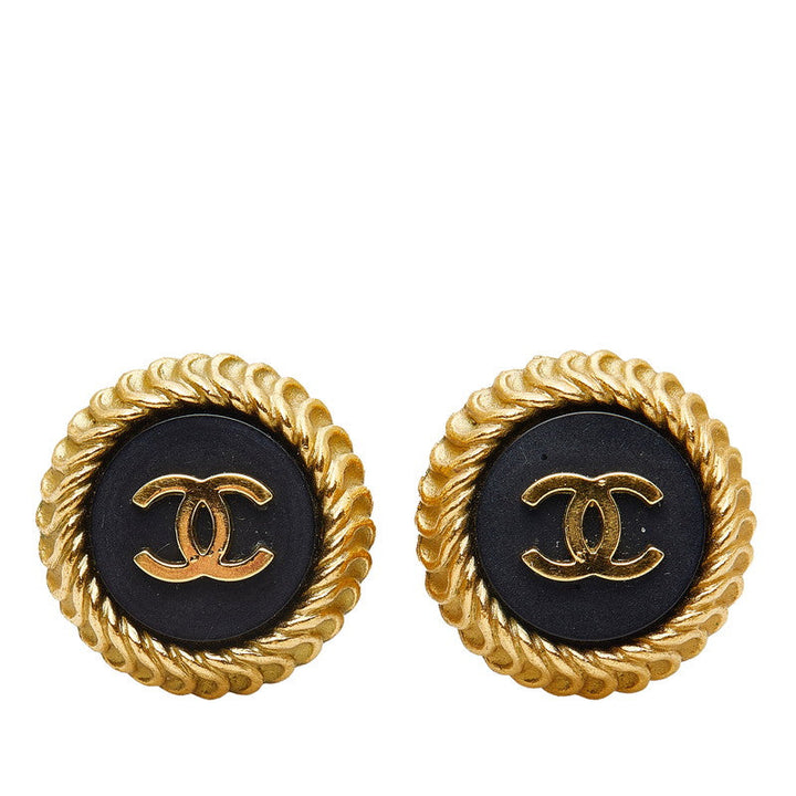 Top Quality Chanel Vintage Coco Mark Round Earrings Black Gold Women's
