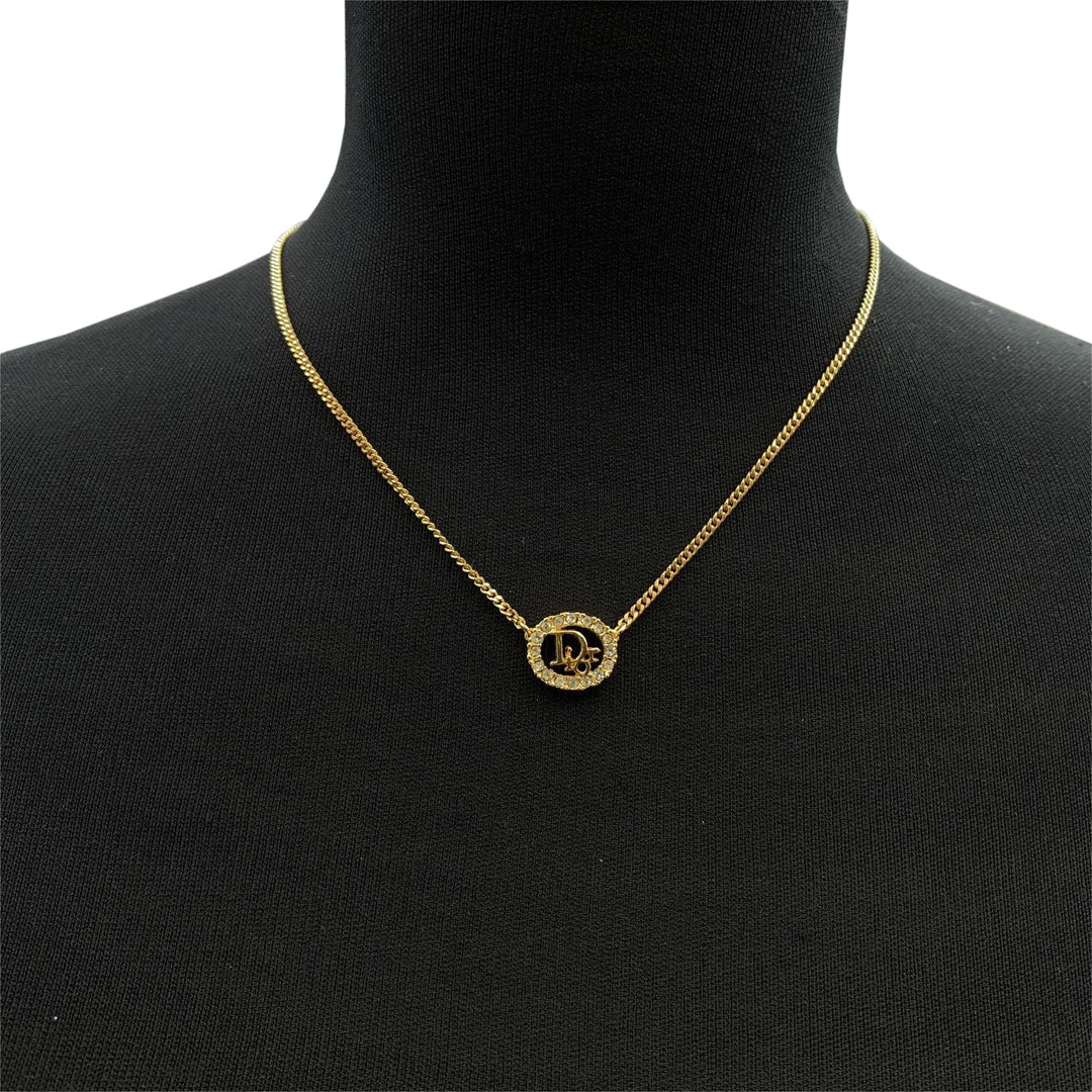 CHRISTIAN Dior Gold Metal Dior Oval Logo Rhinestones Necklace