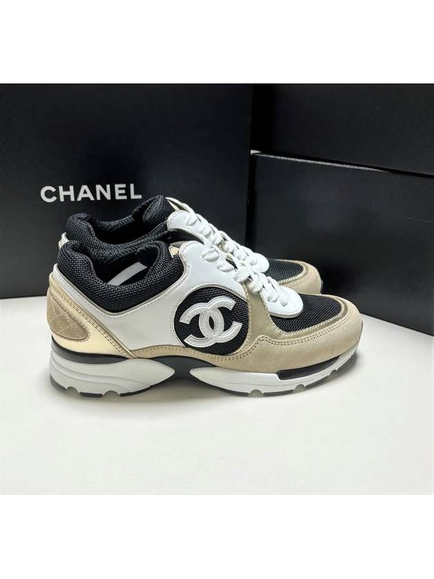 CC Logo Calfskin Fabric Low-Top Sneakers Beige Gold Chanel
