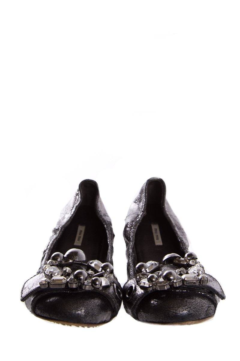 Miu Miu Metallic Grey Leather Crystal Embellishments Ballet Flats SZ 38.5
