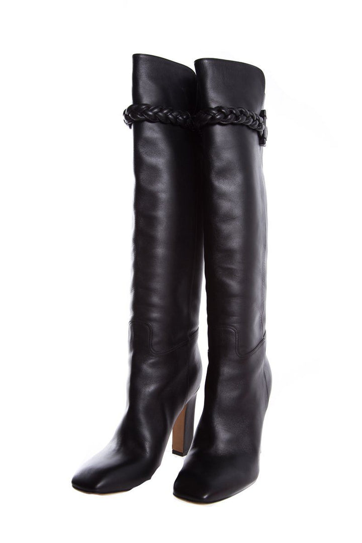 Valentino Black Braided Leather Knee-High Boots SZ 38.5