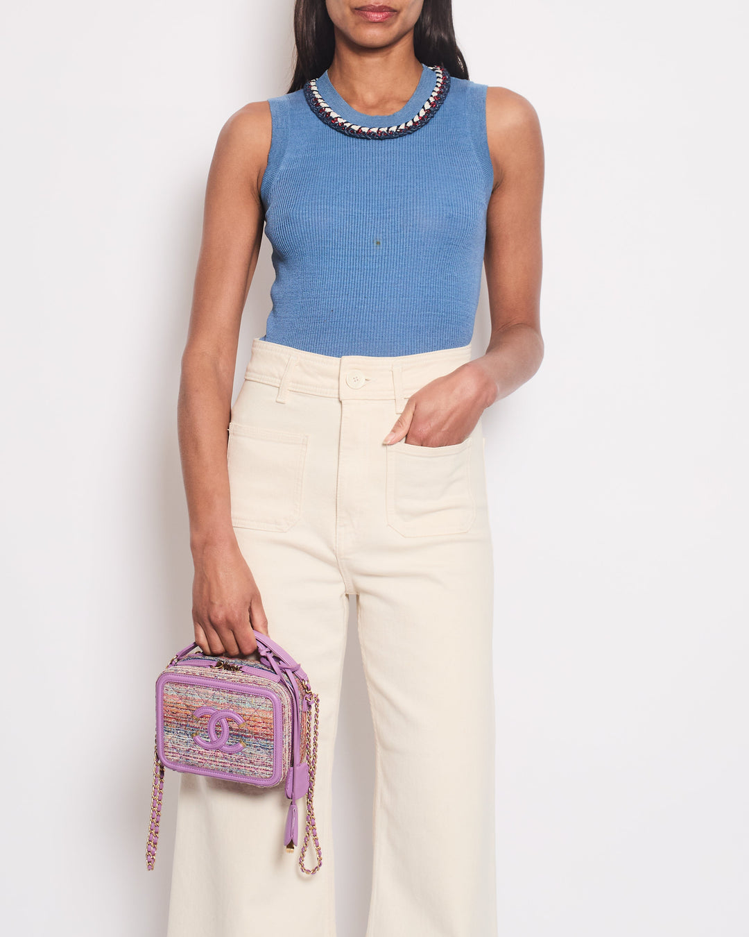 Top Quality Chanel Blue Ribbed Knit Sleeveless Top With Red, White & Blue Tweed Embroidered Trim and CC Button Detail FR 36 (UK 8)
