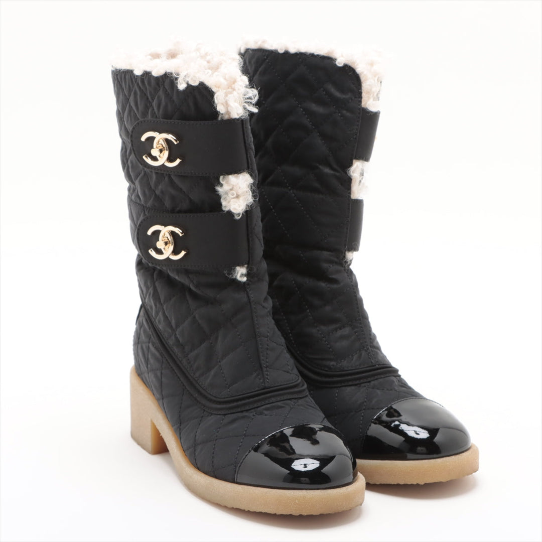 Top Quality Chanel Coco Patent Leather X Fabric Short Boots 36  Black G36702 Double Turn Locks Insol Wool