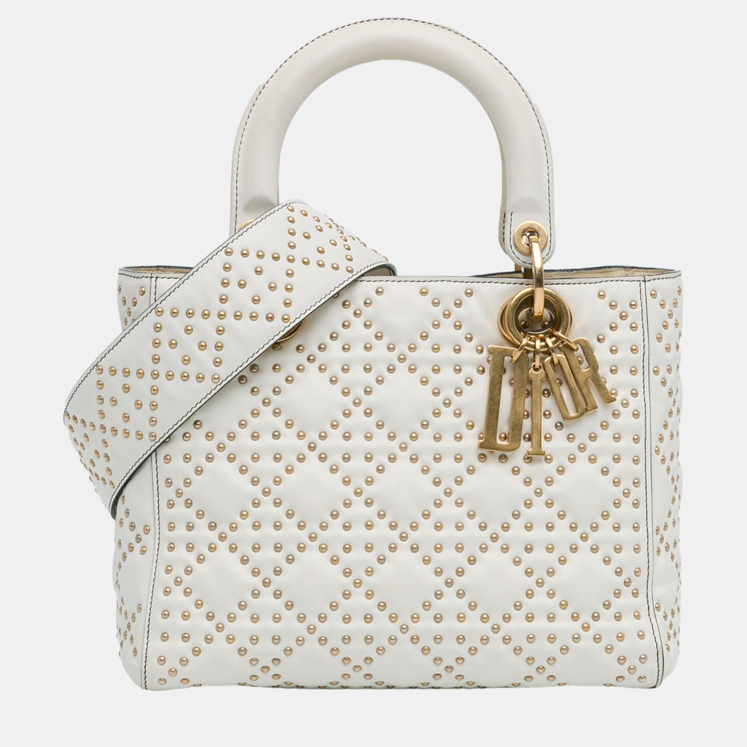 Top quality Dior White Lambskin Leather Medium Cannage Studded Supple Lady Tote Bag
