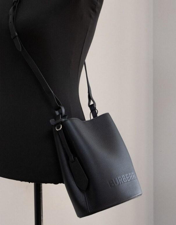 Burberry Black Pebbled Leather Bucket Crossbody Handbag
