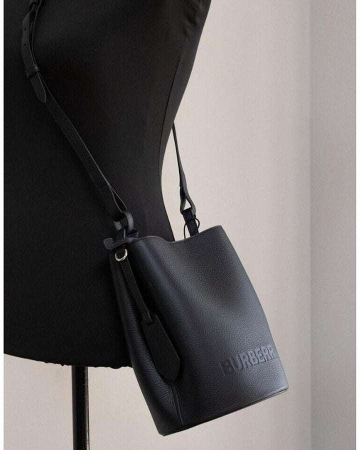 Burberry Black Pebbled Leather Bucket Crossbody Handbag