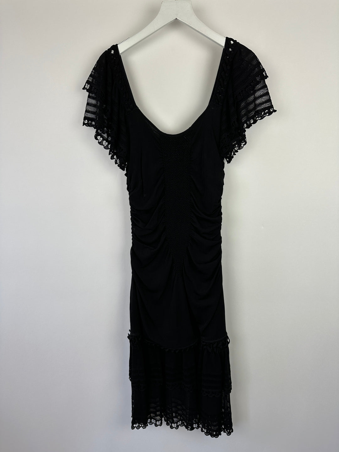 Top Quality Chanel 07C Black Short Sleeve Midi Dress With Crochet and Ruching Detail FR 36 (UK 8)